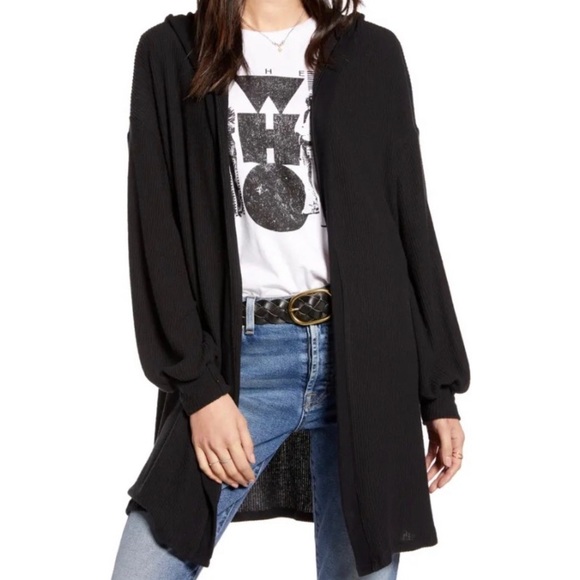 Treasure & Bond Black Ribbed Hooded Open Front Cardigan - Picture 1 of 10